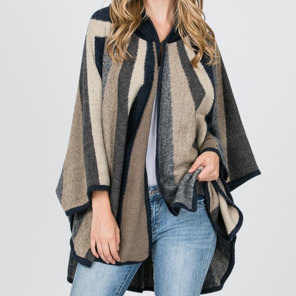 Sunburst Swing Striped Poncho Boho Hooded Jacket - Picture 5 of 12